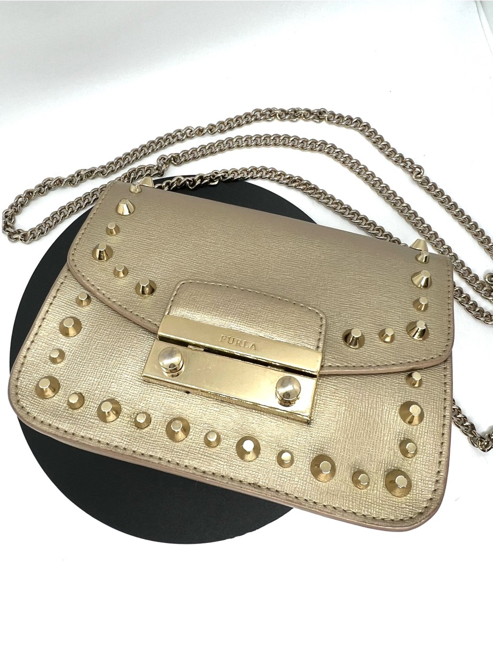 Furla Julia Mini Studded Saffiano Leather Crossbody Bag Gold Chain